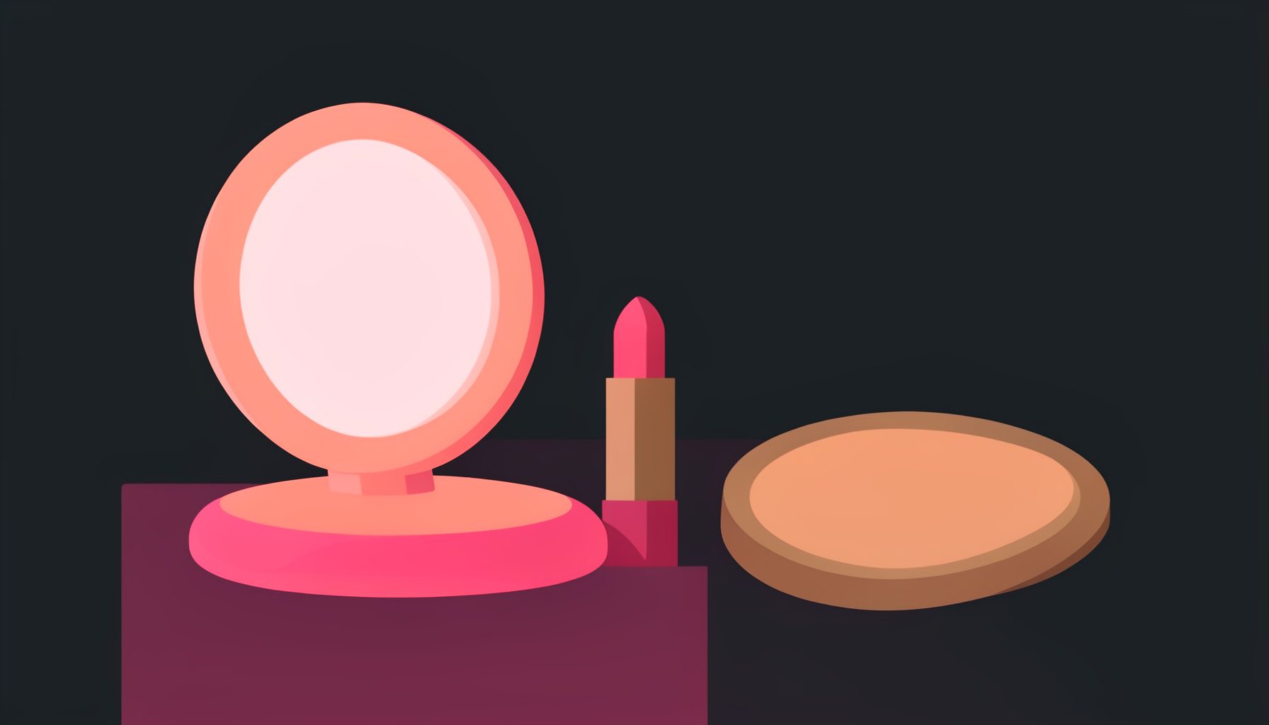 Flat illustration of a softly lit vanity scene in warm rose and coral tones, featuring a compact mirror, a lipstick, and a brushed-bronze powder palette arranged on a deep charcoal background, conveying an elegant, feminine mood.